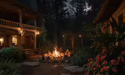 a woman is sitting by the fire in the yard at night