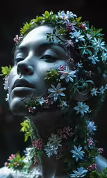 an artistic photo of a young girl with her flowers in her hair