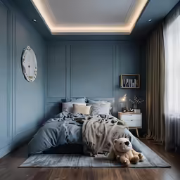 blue room with a white clock and a teddy bear