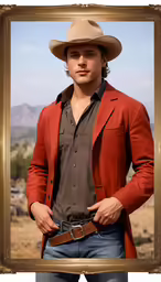 a man with a hat and shirt wearing a red coat