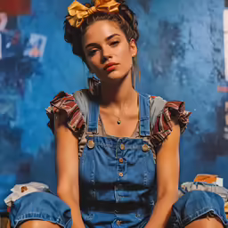 a woman wearing overalls sitting next to a wooden table