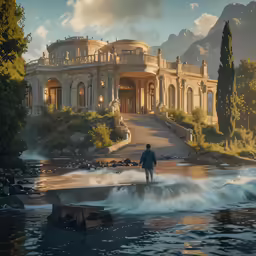 a man standing next to a lake with a large mansion in the background