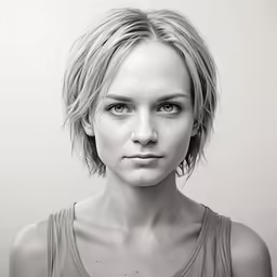 black and white photograph of a woman with a serious look