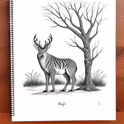 an animal with horns and two branches near a tree,a drawing of a deer next to a tree