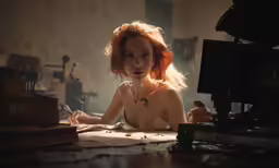 the girl is posing next to several old books