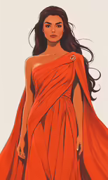the artwork depicts an image of a woman wearing an orange dress