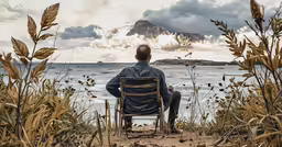 there is a man sitting on a chair looking at the water