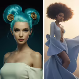 two different photographs of women in long dresses, one wearing a blue dress