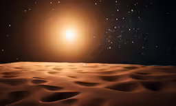 a bright sun shines through the sky over sand dunes