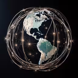 a stylized picture of the earth in a circle, with many lines connecting it