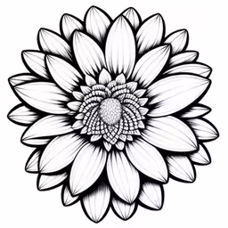 a flower with a long center, white and black flowers,an inked image of a large flower on a white background