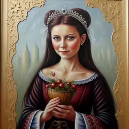 the portrait is shown on a gold plaque,the painting is of a beautiful lady with apples