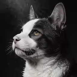 black and white cat looking up on dark background