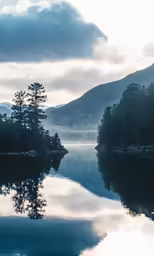 the treeline is sitting out on a peaceful lake