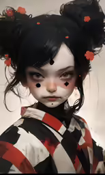 a woman in black and white with black hair and red flowers