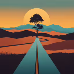 an artistically painted artwork depicting a tree with sun,an abstract painting with a tree and a sunset
