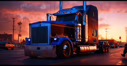 a very big rig truck that is traveling down the street,a blue and chrome truck driving down a street