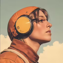 a girl wearing a brown hat and a pair of headphones