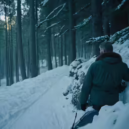 man walks through snowy landscape next to trees
