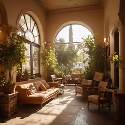 inside a sitting area with couches and tables, chairs and potted plants