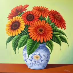 a painting of a blue and white vase filled with flowers,a painting of orange flowers in a blue vase