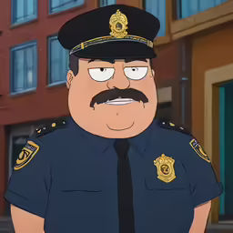 a cartoon police officer is standing outside of a building