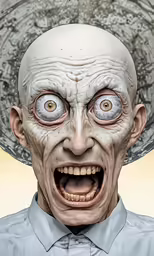 the painting of a creepy looking zombie wearing a suit