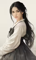 woman in long dress posing with a ponytail