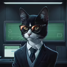 a black and white cat in a suit and tie with a computer