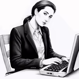 a woman working on a laptop while sitting at a desk