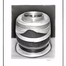 black and white photograph of a bowl sitting on top of a table