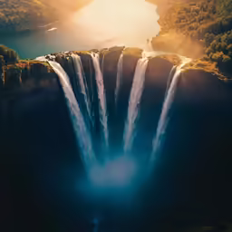 a very tall waterfall with a very bright light