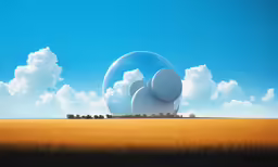 an egg flying over a field near a big blue sky