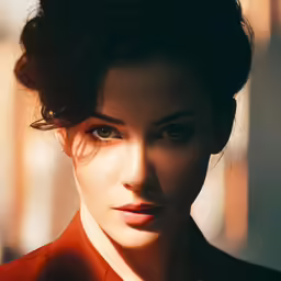 a close up of a woman wearing an orange jacket
