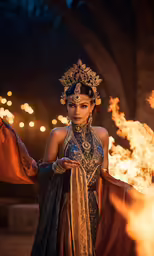 a woman wearing a costume is posing with fire