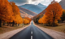 the highway in autumn is empty and there are some yellow trees