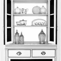 black and white photograph of a china cabinet