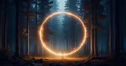 a person standing in the middle of a forest with glowing circular artwork