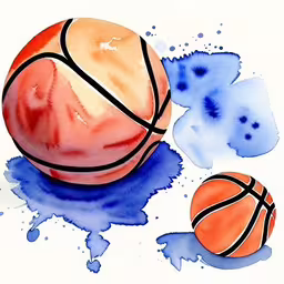 a painting of some balls and ink splots,an illustration of two balls and three other objects,a drawing of a basketball and an orange ball,a basketball is sitting on the blue and orange paint stains,two watercolor balls are being used to paint a water - based artwork