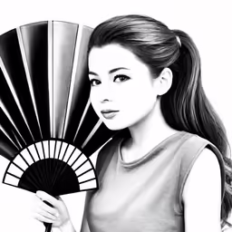a woman with long hair and a fan