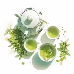 four cups filled with liquid, next to two cups with leaves