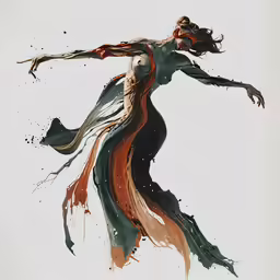 a woman in a flowing dress with her hands out in the air