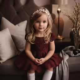 a little girl wearing a red dress sits on a couch