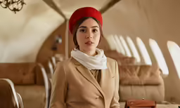 a woman with a red hat and tan coat is wearing a scarf