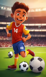 a cartoon boy in a soccer uniform,a cartoon boy kicking a soccer ball with stadium background