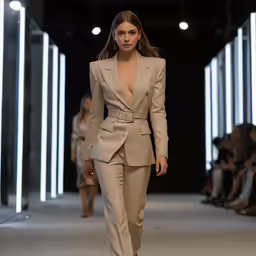 a woman wearing a suit walks down a runway