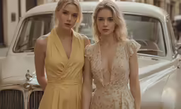 two women in dresses standing next to an old car