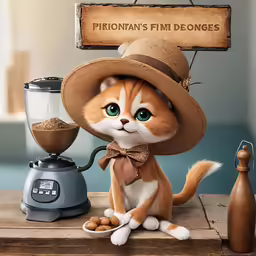 a cat sitting next to a coffee grinder