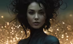 a beautiful woman with a dark dress and hair in a golden and boke background