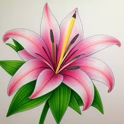 a pencil sits in the middle of a pink flower,a pink and yellow flower with green leaves on it